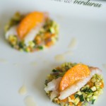 Gambas, albaricoques y brunoise de verduras